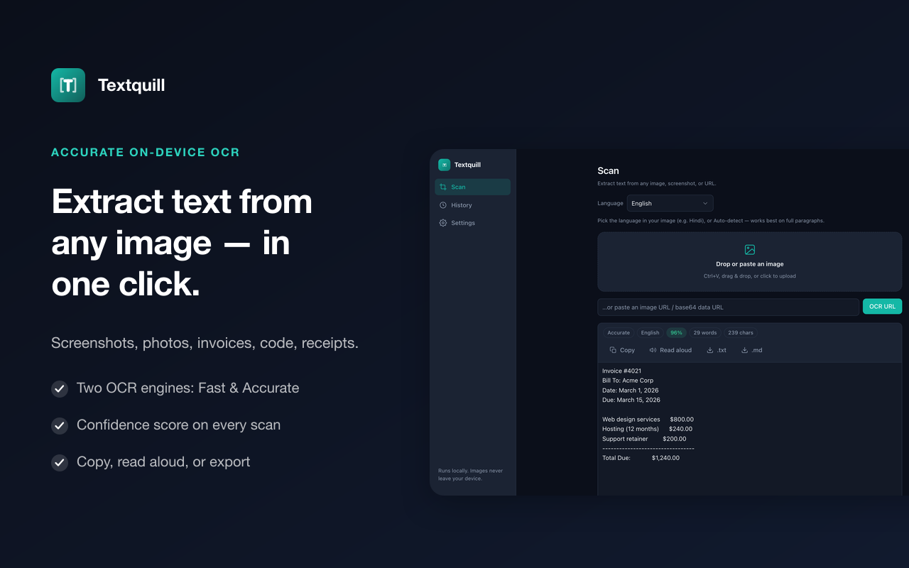 Textquill extracting text from an image, result view